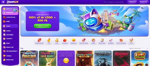 Hlavná stránka Robocat Casino s ponukou hier, kategórií a uvítacou akciou 100% až do €500 + 200 FS