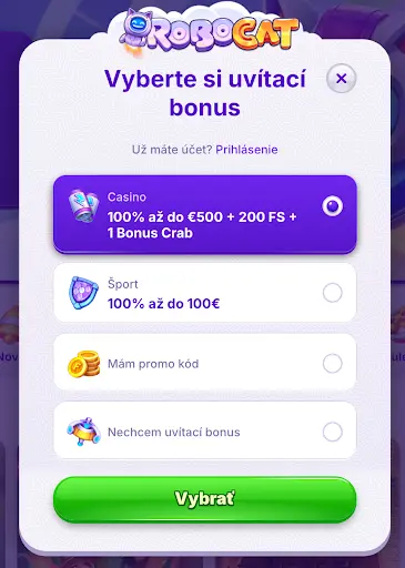 Výber uvítacieho bonusu v Robocat Casino – možnosti Casino, Šport, Promo kód alebo bez bonusu
