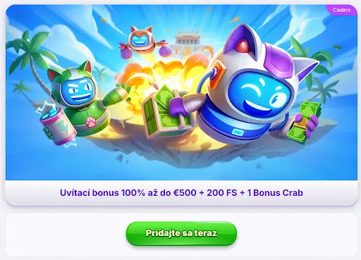 Farebná ilustrácia Robocat Casino s robotickými mačkami nesúcimi peniaze a energiu na tropickom ostrove – uvítacia ponuka pre hráčov