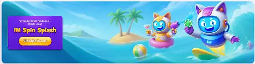 Robocat Casino postavička na surfe a v kruhu v mori s nápisom IM Spin Splash – týždenná akcia s cenami