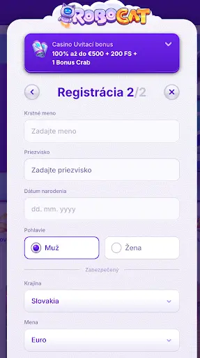 Registračný formulár Robocat Casino – krok 2 z 2 s políčkami pre meno, priezvisko, dátum narodenia, pohlavie, krajinu a menu