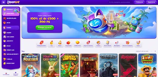 Hlavná stránka Robocat Casino so sekciami pre kasíno, live kasíno, športové stávky a jackpoty, vrátane uvítacej ponuky a výberu populárnych hier