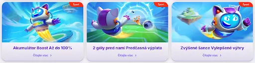 Promo obrázky športových ponúk Robocat Casino – akumulátor boost, predčasná výplata a zvýšené šance na výhry