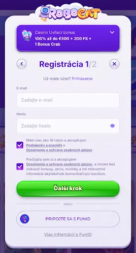 Registračný formulár Robocat Casino – krok 1 z 2 s políčkami pre e-mail, heslo a potvrdením podmienok