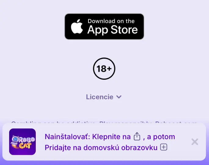 Ikona stiahnutia Robocat Casino aplikácie v App Store, označenie 18+ a odkaz na licencie