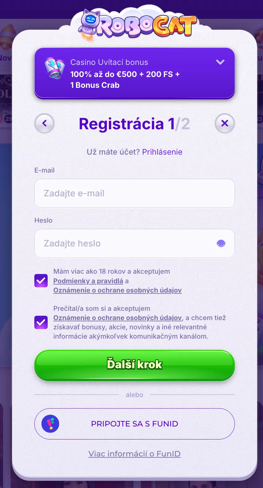 Registračný formulár Robocat Casino – krok 1 z 2, zadanie e-mailu a hesla, potvrdenie podmienok a ochrany osobných údajov