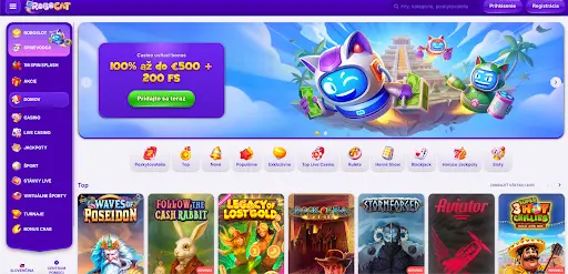 Hlavná stránka Robocat Casino s uvítacím panelom a výberom populárnych hier