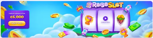 Roboslot promo s automatom, mincami a bankovkami lietajúcimi v oblakoch, text Celková odmena až do €6,000