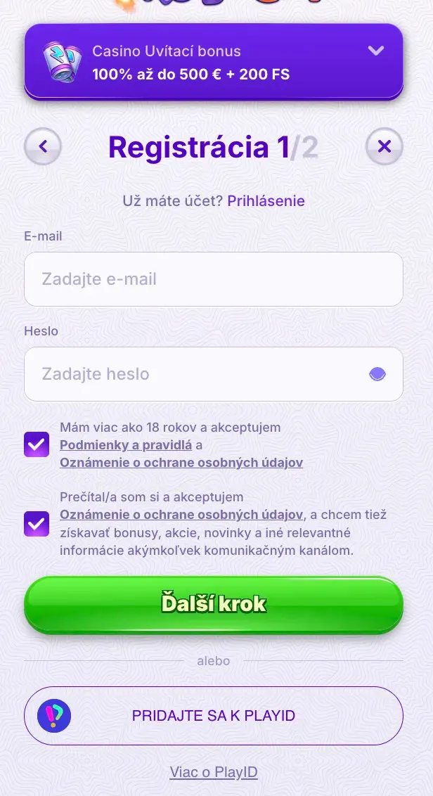 Registračný formulár v Robocat casino